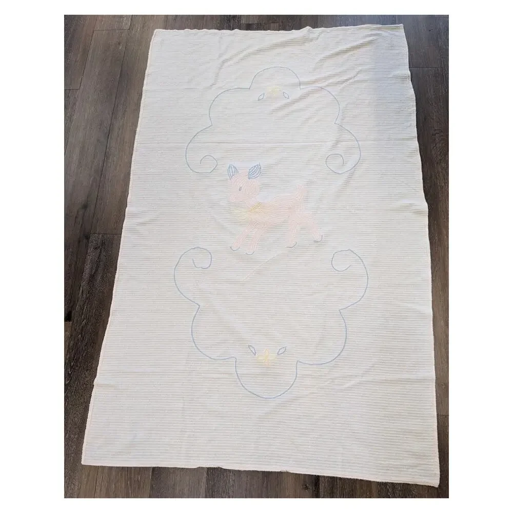 Vintage 1950s Tufted Chenille Pink & Blue Cute Baby Deer Fawn Crib Blanket Flaws